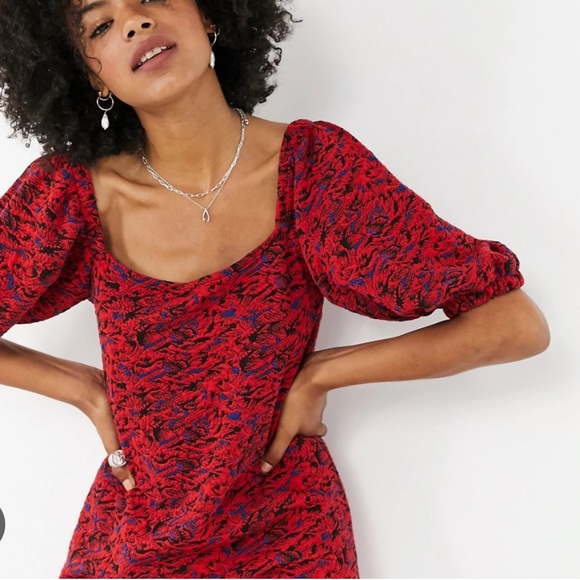 Free People Sunset Puff Sleeve Textured Mini Dress In Red Combo. NWT! Sz L - Picture 4 of 12